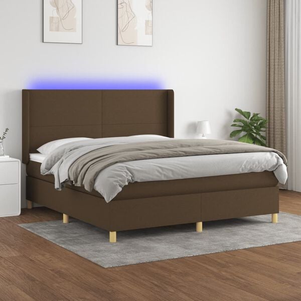 vidaXL Cama box spring colch&oacute;n luces LED tela marr&oacute;n oscuro 180x200cm