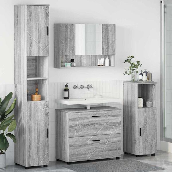 vidaXL Juego de muebles de ba&ntilde;o con caj&oacute;n con puerta 4 pcs Gris Sonoma