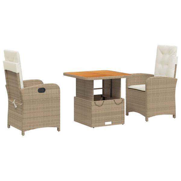 vidaXL Set comedor de jardín 3 pzas con cojines ratán sintético beige