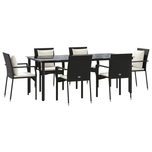 vidaXL Set de comedor de jard&iacute;n 7 pzas y cojines rat&aacute;n sint&eacute;tico negro