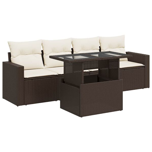 vidaXL Set comedor de jard&iacute;n 5 piezas y cojines rat&aacute;n sint&eacute;tico marr&oacute;n