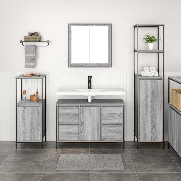 vidaXL Juego de muebles de ba&ntilde;o con caj&oacute;n 3 pcs Gris sonoma y Negro