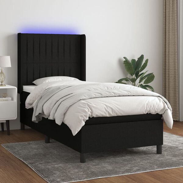 vidaXL Cama box spring colch&oacute;n y luces LED tela negro 80x200 cm