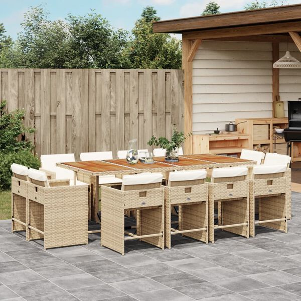 vidaXL Set comedor de jard&iacute;n con cojines 13 pzas rat&aacute;n sint&eacute;tico beige