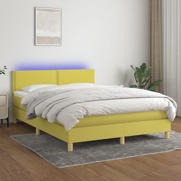 vidaXL Cama box spring colch&oacute;n y luces LED tela verde 140x190 cm