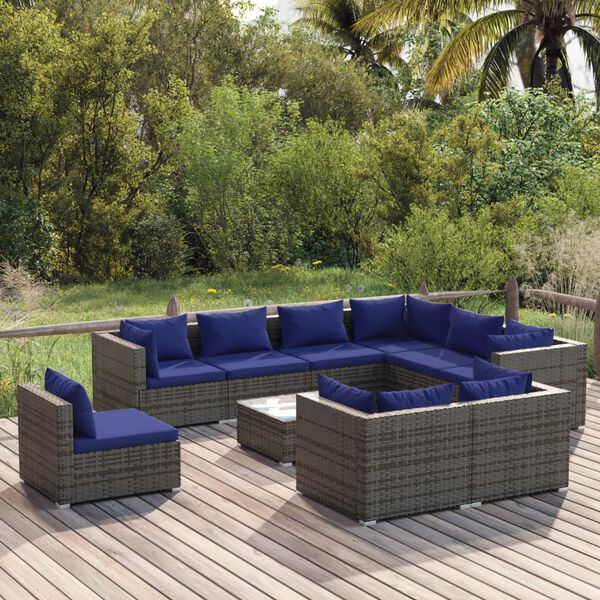 vidaXL Set de muebles de jardín 10 pzas y cojines ratán sintético gris