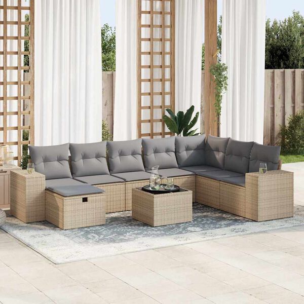 vidaXL Set de sof&aacute;s de jard&iacute;n y cojines 8 piezas rat&aacute;n sint&eacute;tico beige