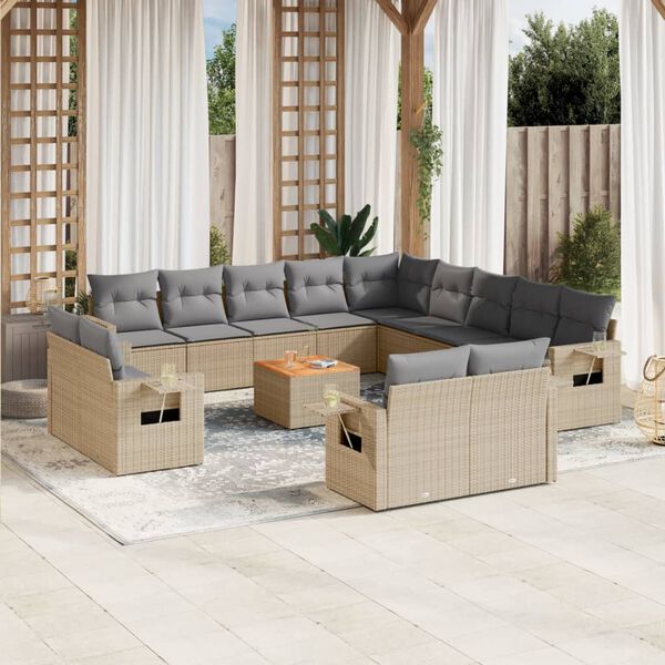 vidaXL Set sof&aacute;s jard&iacute;n 14 pzas y cojines rat&aacute;n sint&eacute;tico beige mezcla