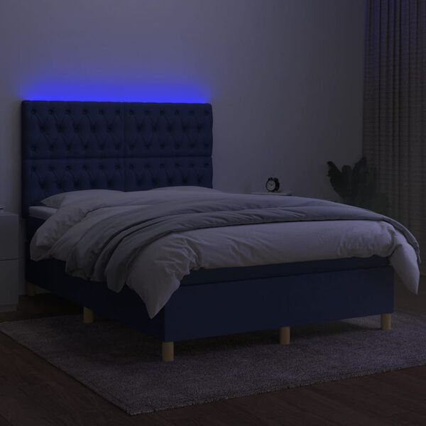 vidaXL Cama box spring colch&oacute;n y luces LED tela azul 140x200 cm