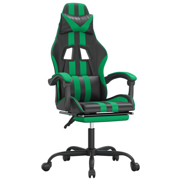vidaXL Silla gaming giratoria y reposapi&eacute;s cuero sint&eacute;tico negro verde