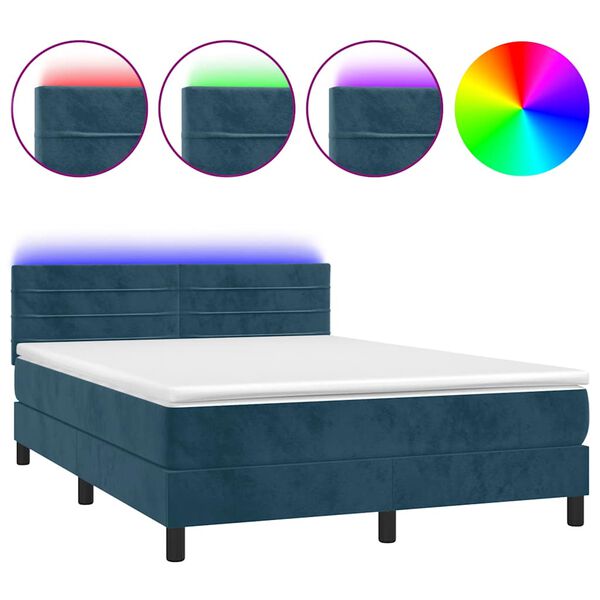 vidaXL Cama box spring colch&oacute;n y LED terciopelo azul oscuro 140x190 cm