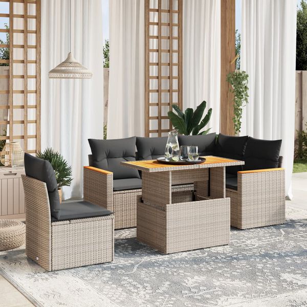 vidaXL Set de muebles de jard&iacute;n 6 pzas y cojines rat&aacute;n sint&eacute;tico gris