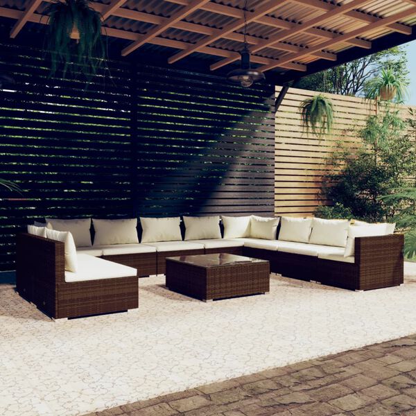 vidaXL Set de muebles de jard&iacute;n 11 pzas cojines rat&aacute;n sint&eacute;tico marr&oacute;n