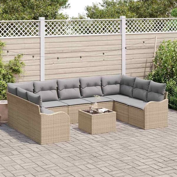 vidaXL Conjunto de sof&aacute; de jard&iacute;n 10 pcs beige y gris claro Polirat&aacute;n