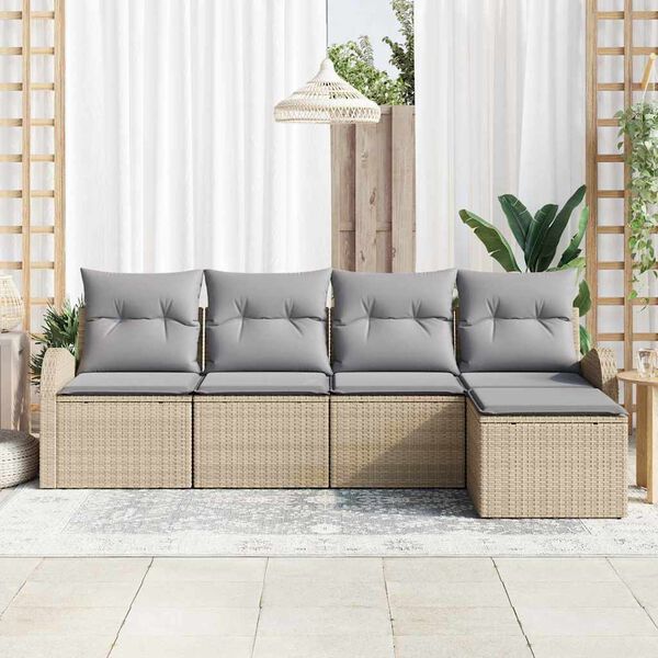 vidaXL Conjunto de sof&aacute; de jard&iacute;n 5 pcs Beige rat&aacute;n sint&eacute;tico