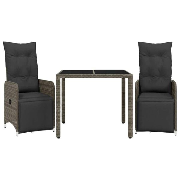 vidaXL Mesita y sillas jard&iacute;n 3 pzas y cojines rat&aacute;n sint&eacute;tico gris