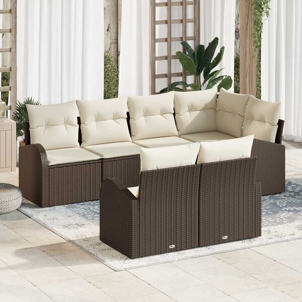 vidaXL Conjunto de sofá de jardín 7 pcs Marrón y blanco Poliratán