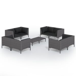vidaXL Set muebles jard&iacute;n 9 pzas y cojines rat&aacute;n sint&eacute;tico gris oscuro