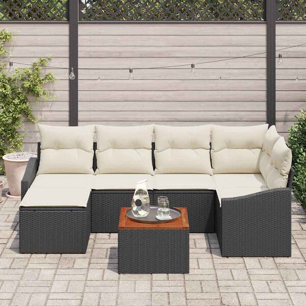 vidaXL Conjunto de sof&aacute;s de jard&iacute;n 7 pcs Negro y crema rat&aacute;n sint&eacute;tico