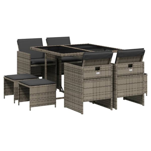 vidaXL Set comedor jard&iacute;n 9 pzas y cojines rat&aacute;n sint&eacute;tico gris