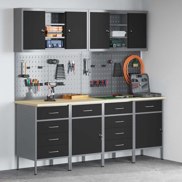 vidaXL Armario de trabajo 10 pcs Negro Madera Ingenierizada y Acero