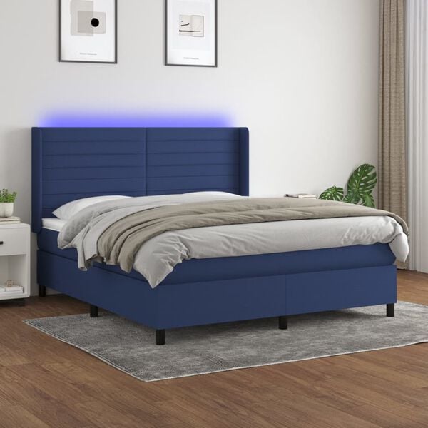 vidaXL Cama box spring colch&oacute;n y luces LED tela azul 180x200 cm