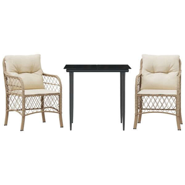 vidaXL Sillas y mesita de jard&iacute;n 3 piezas rat&aacute;n sint&eacute;tico coj&iacute;n beige