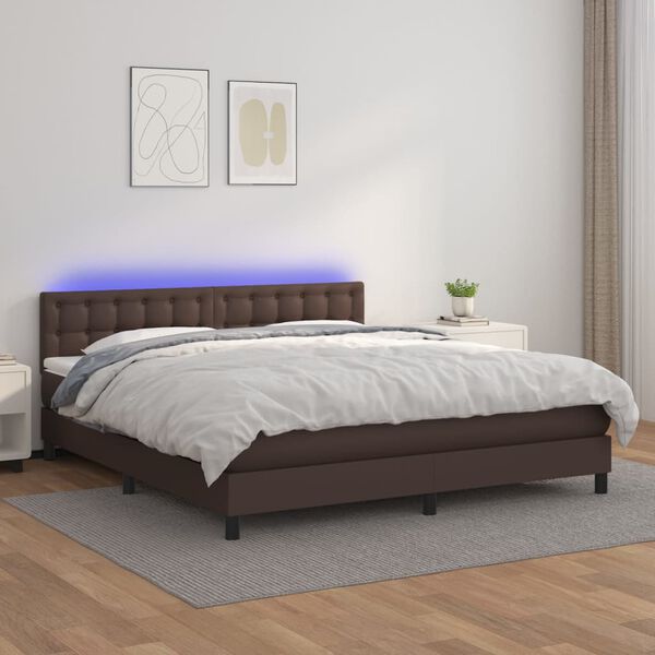 vidaXL Cama box spring colch&oacute;n y LED cuero sint&eacute;tico marr&oacute;n 180x200 cm
