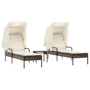 vidaXL Tumbonas con capota y mesa 2 uds rat&aacute;n sint&eacute;tico marr&oacute;n
