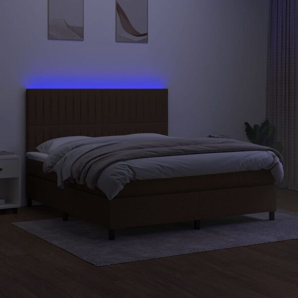 vidaXL Cama box spring colch&oacute;n luces LED tela marr&oacute;n oscuro 160x200cm