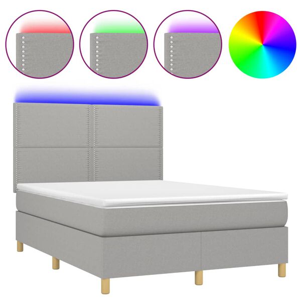 vidaXL Cama box spring colch&oacute;n y luces LED tela gris claro 140x200 cm