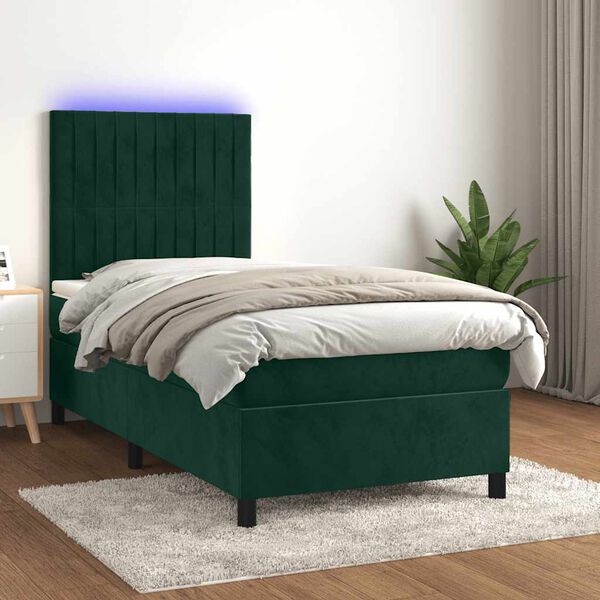vidaXL Cama box spring colch&oacute;n y LED terciopelo verde oscuro 90x200 cm