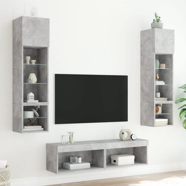vidaXL Muebles TV pared con LED 6 pzas madera ingenier&iacute;a gris hormig&oacute;n