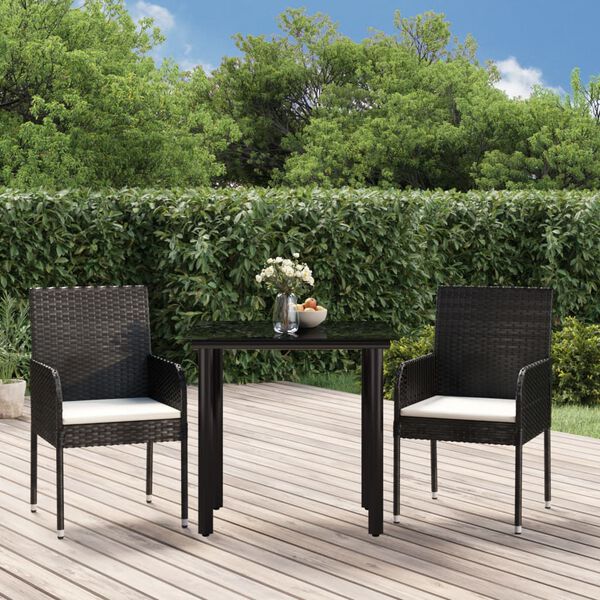 vidaXL Set comedor de jard&iacute;n 3 pzas con cojines rat&aacute;n sint&eacute;tico negro