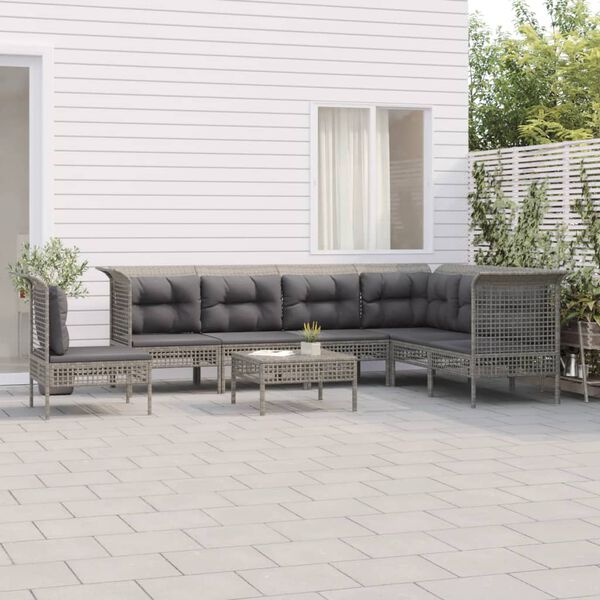 vidaXL Set de muebles de jard&iacute;n 8 pzas y cojines rat&aacute;n sint&eacute;tico gris