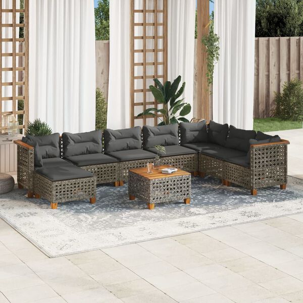vidaXL Set de muebles de jardín 9 pzas y cojines ratán sintético gris