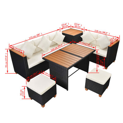 vidaXL Set muebles de jardín 7 piezas y cojines ratán sintético negro