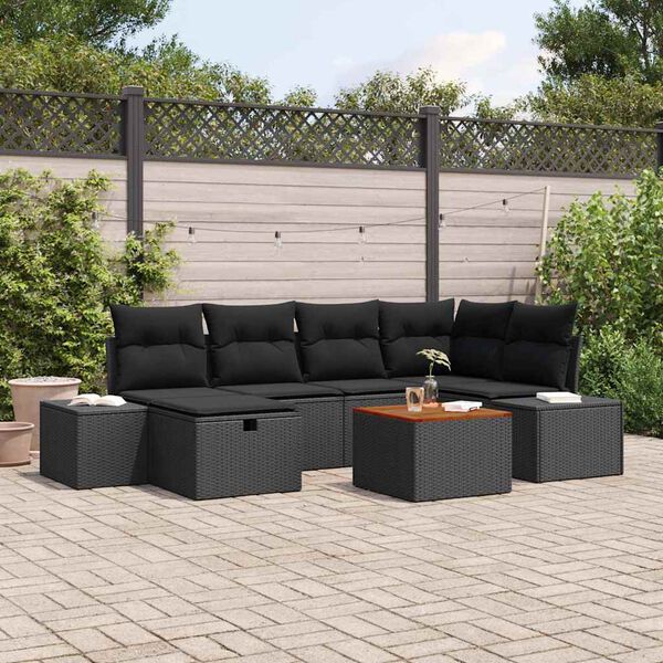 vidaXL Conjunto de sof&aacute;s de jard&iacute;n con coj&iacute;n 7 pcs Negro Polirat&aacute;n