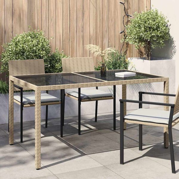 vidaXL Mesa jardín vidrio templado ratán sintético 150x90x75 cm beige