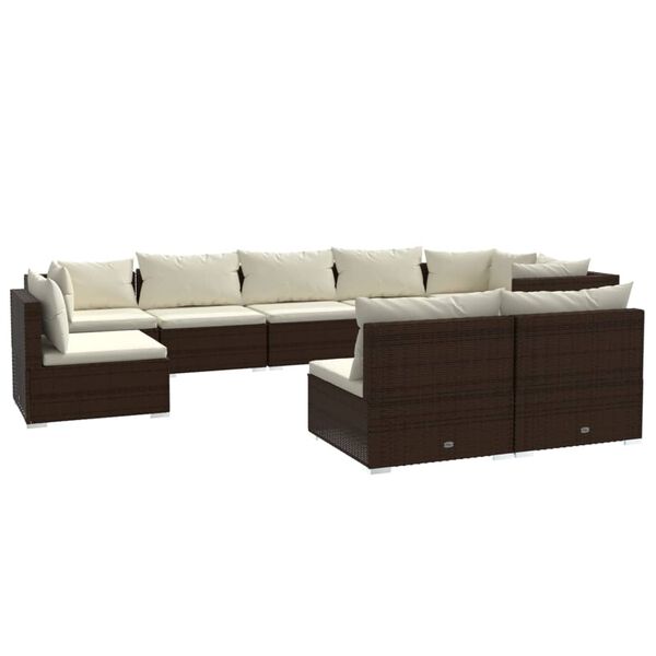 vidaXL Set muebles de jard&iacute;n 9 piezas y cojines rat&aacute;n sint&eacute;tico marr&oacute;n