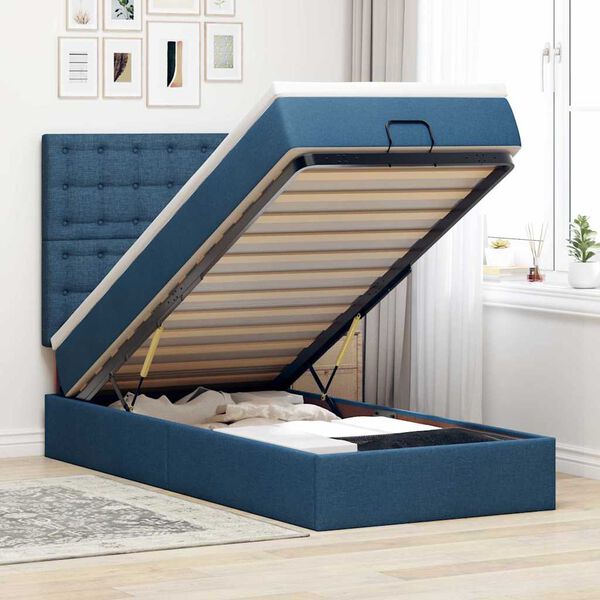 vidaXL Estructura de cama otomana con colch&oacute;n tela azul 90x190 cm