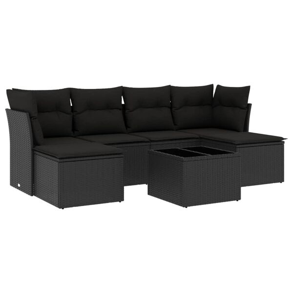 vidaXL Set de comedor de jard&iacute;n 7 pzas y cojines rat&aacute;n sint&eacute;tico negro