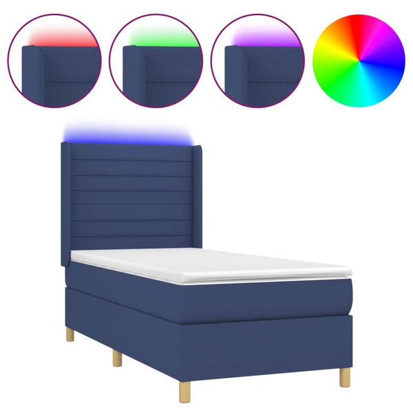 vidaXL Cama box spring colch&oacute;n y luces LED tela azul 90x190 cm
