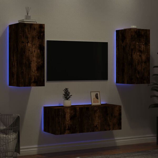 vidaXL Muebles TV pared con LED 4 pzas madera ingenier&iacute;a roble ahumado