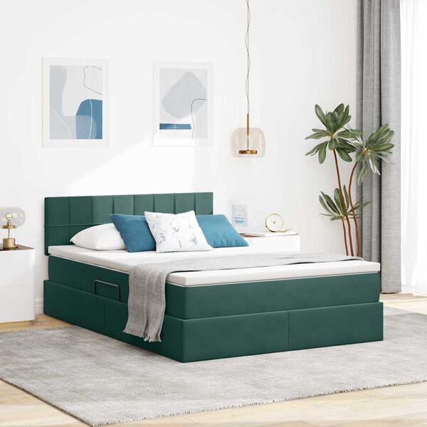vidaXL Cama con almacenamiento y LED con LED Verde oscuro 140 x 200 cm