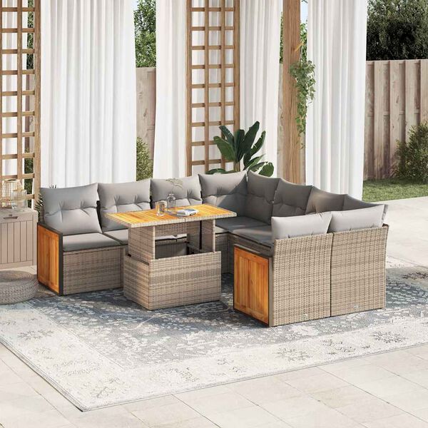 vidaXL Set sof&aacute;s jard&iacute;n y cojines 9 pzas rat&aacute;n sint&eacute;tico acacia beige