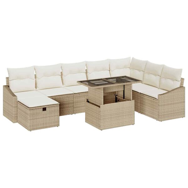 vidaXL Conjunto de sof&aacute; de jard&iacute;n 9 pcs Beige rat&aacute;n sint&eacute;tico
