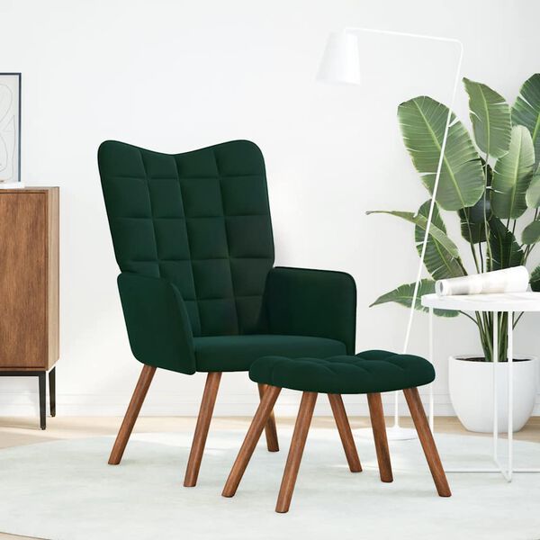 vidaXL Sill&oacute;n relajante con taburete de terciopelo verde oscuro