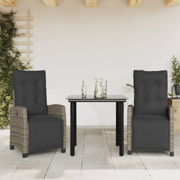 vidaXL Set comedor de jard&iacute;n 3 piezas con cojines rat&aacute;n sint&eacute;tico gris