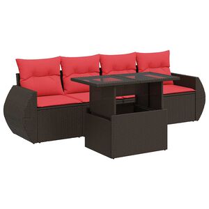 vidaXL Juego Sof&aacute; Jard&iacute;n 5 Piezas con Cojines Marr&oacute;n Poli Rat&aacute;n Acacia